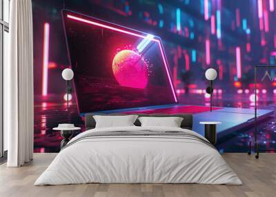 a laptop adorned with neon accents, set against a backdrop of sleek, minimalist design elements, offering a dynamic and futuristic aesthetic ideal for contemporary wallpapers and cover backgrounds. Wall mural