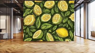 Lemon fruit and leaf seamless pattern, yellow citrus, green foliage, vintage style illustration Wall mural