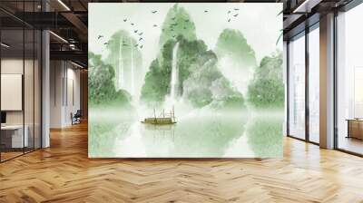 China's traditional Chinese painting ink in the mountains. hand drawn watercolor mountain landscape. Watercolor forest winter landscapes.  Wall mural