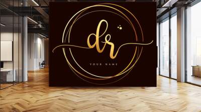 DR Initial handwriting logo golden color. Hand lettering Initials logo branding, Feminine and luxury logo design isolated on black background. Wall mural