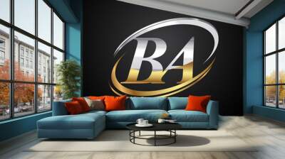 initial letter BA logotype company name colored gold and silver swoosh design. isolated on black background. Wall mural