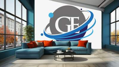 initial letter GE logotype company name colored blue and grey swoosh and globe design. isolated on white background. Wall mural