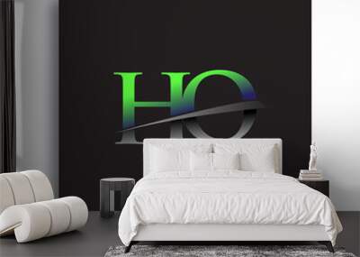 initial letter HO logotype company name colored blue and green swoosh design. Wall mural