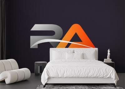 initial letter RA logotype company name colored grey and orange swoosh design. isolated on black background. Wall mural