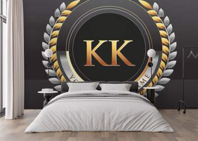 Initial logo letter KK with golden and silver color with laurel and wreath, vector logo for business and company identity. Wall mural