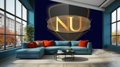 Initial logo letter NU with shield Icon golden color isolated on dark background, logotype design for company identity. Wall mural