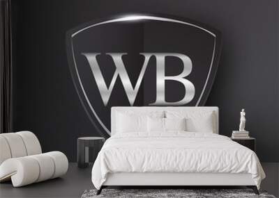 Initial logo letter WB with shield Icon silver color isolated on black background, logotype design for company identity. Wall mural