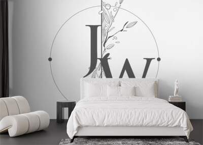 Letter JW Initial Logo with Hand Draw Floral, Initial Wedding Font Logo with Circle and Flowers. Wall mural