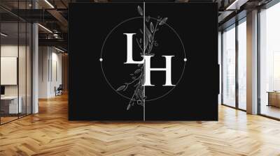 Letter LH Initial Logo with Hand Draw Floral, Initial Wedding Font Logo with Circle and Flowers. Wall mural