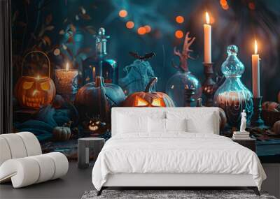 A table decorated with pumpkins, candles, and spooky items Wall mural