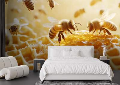 A waffle transforming into a honeycomb with bees made of candy buzzing around it Wall mural