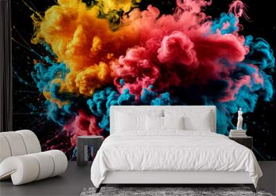 abstract explosion of colorful smoke in shades of yellow, pink, blue, and turquoise, swirling and blending together with a darkbackground. Wall mural