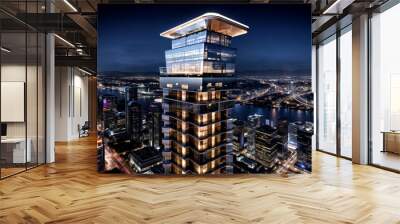 futuristic hotel, standing tall and majestic . The hotel is adorned with sleek, modern designs, . The building seems to defy gravity with its cantilevered sections and skybridges., cinematic

 Wall mural