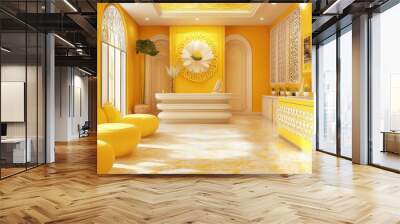 A bright, modern reception area with yellow decor and a floral centerpiece. Wall mural