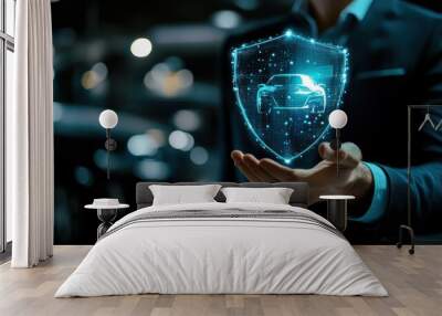 A business person holds a holographic car shield, symbolizing automotive security and innovation. Wall mural