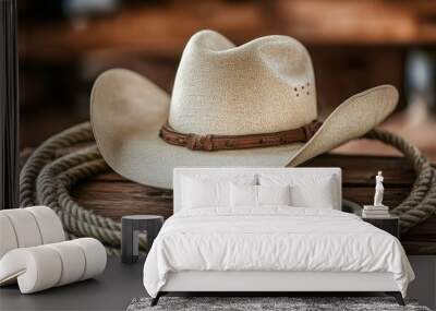 A cowboy hat rests on a wooden surface beside a rope and a metallic object. Wall mural