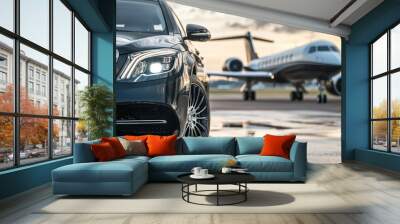 A luxury car parked near a private jet on an airport runway at sunset. Wall mural