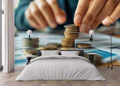 A person stacking coins on a table with financial documents, indicating money management. Wall mural