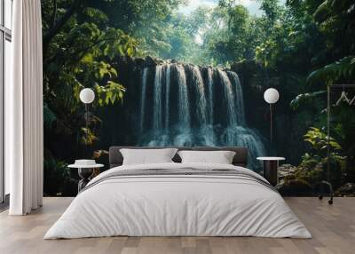 A serene waterfall surrounded by lush greenery in a tranquil jungle setting. Wall mural