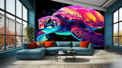 A turtle, neon colors, digital art and watercolor, dark background, generative AI Wall mural