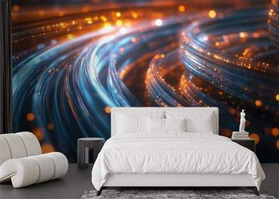 A vibrant abstract representation of flowing lines with glowing particles. Wall mural