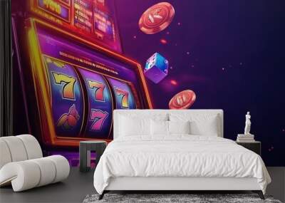 A vibrant digital slot machine with spinning reels, coins, and colorful graphics. Wall mural