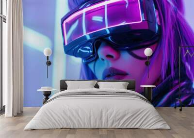 Beautiful woman purple hair wearing virtual reality glasses with neon glowing light. generative AI Wall mural