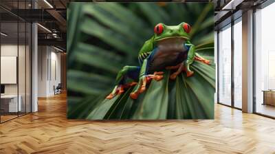 Close-up portrait of a red-eyed amazon tree frog on a palm leaf. AI generated image Wall mural