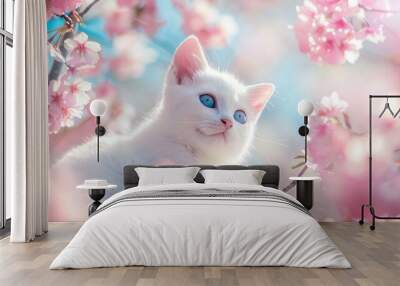 Cute white cat blue eyes are relaxing on a cherry blossom background. generative AI image Wall mural