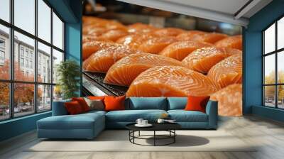 Fresh Red Fish at Market: Salmon and Trout in Seafood Display. Wall mural