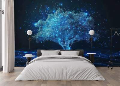 Futuristic polygonal tree with blue cyber network connection technology. generative AI image Wall mural