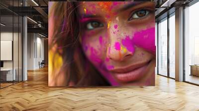 Holi festival . Portrait of a girl in colorful powder explosion. generative AI image Wall mural