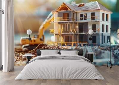 Miniature building house bricks and project on blur background. generative AI image Wall mural