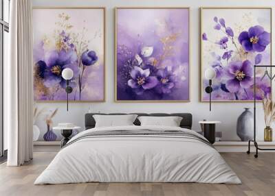 Set of Three Abstract Purple Floral Posters in Gold Frames on Living Room. Wall mural