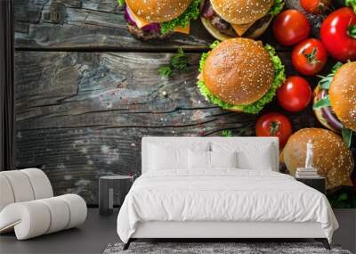 Top view of delicious Burgers on wooden table. generative AI image Wall mural