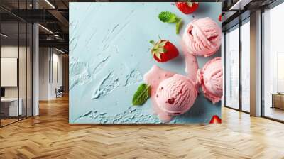 Top view of strawberry flavor ice cream on light blue background, copy space. generative AI image Wall mural