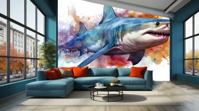 Watercolor painting illustration of colorful Shark on white background. Generative AI Wall mural