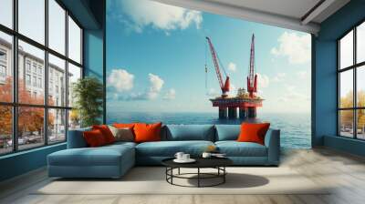 Construction engineers overseeing a massive offshore platform installation, cranes lifting equipment, ocean backdrop, wide shot Wall mural