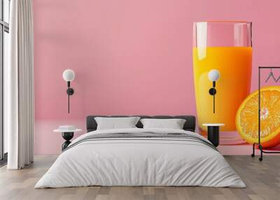 Glass of orange juice with fresh oranges, breakfast setting, 3D illustration Wall mural