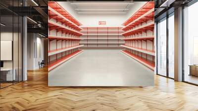 Inventory shortage, empty shelves with low stock sign, 3D illustration Wall mural