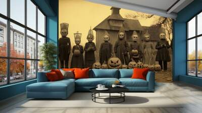 children kids halloween scary vintage photography masks 19th century horror costumes party Wall mural