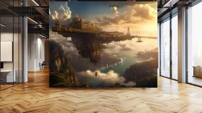 Fantasy Steampunk landscape of flying big city generative ai Wall mural