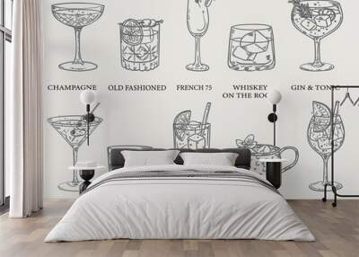 Beautiful hand drawn collection of drinks and cocktails - vector illustration Wall mural