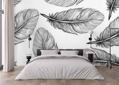 beautiful seamless hand drawn feather pattern vector Wall mural