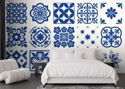 Blue Portuguese tiles pattern - Azulejos vector, fashion interior design tiles  Wall mural