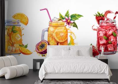  summer fruit drinks isolated on white background PNG transparent background. Wall mural