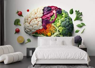 Plant-Based Healthy Eating: Human Brain Made of Fruits and Vegetables, High Fibre, Nutrition and Brain Health, Food and Cognition, Mood, Healthy Lifestyle Concept, On White Background, Generative AI. Wall mural