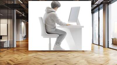 3D render of a young man in a hoodie working on a computer at a modern desk, monochromatic design, minimal style Wall mural