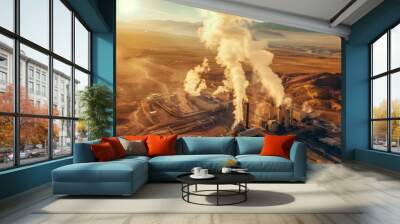 Aerial view of geothermal power plant emitting steam in arid desert landscape under bright sun with mountains in background Wall mural