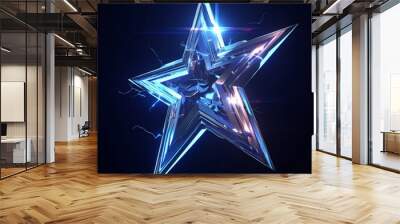 Futuristic blue star with electric accents and shiny textures, 3d rendering on isolated dark background Wall mural